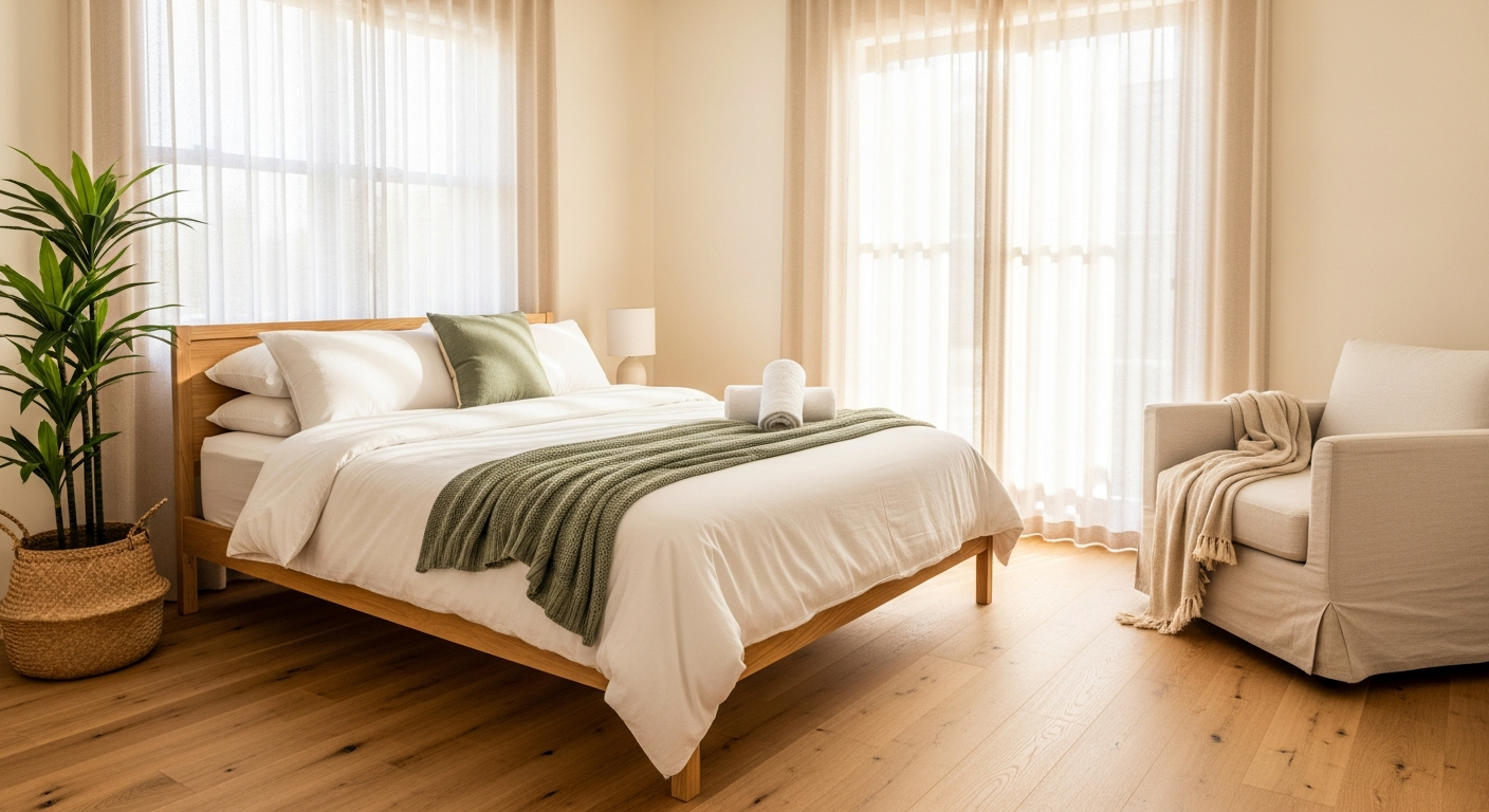Styled guest bedroom with sage green throw and natural oak floors